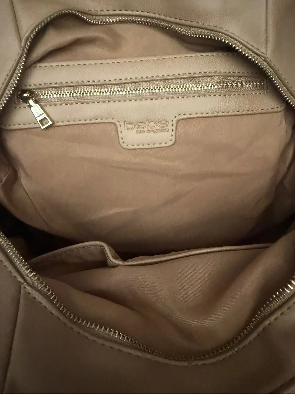 Bebe Colette Triple Entry Beige Hobo Shoulder Bag Gold Chain Accents Purse Tote
